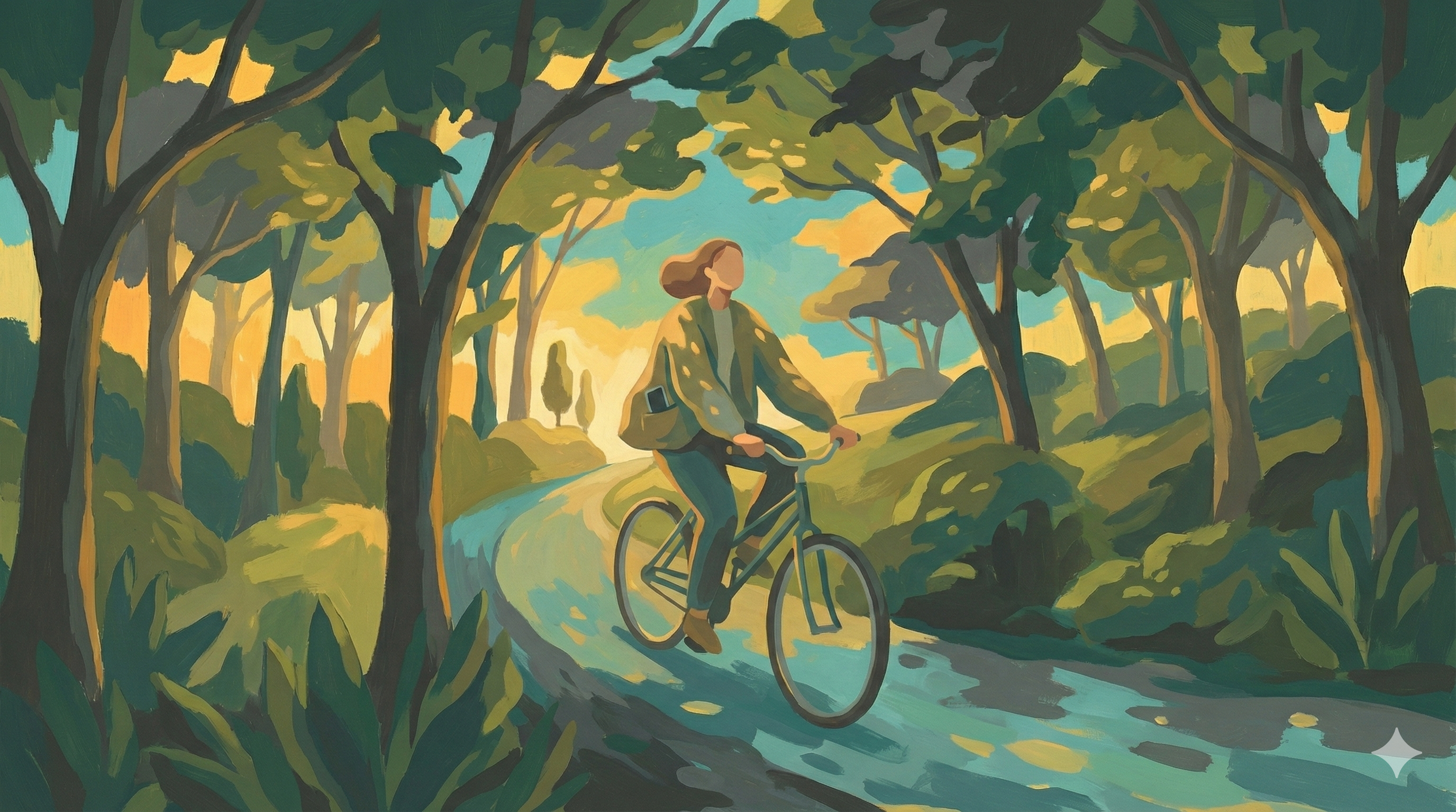 Person biking through a tree-lined path toward the light