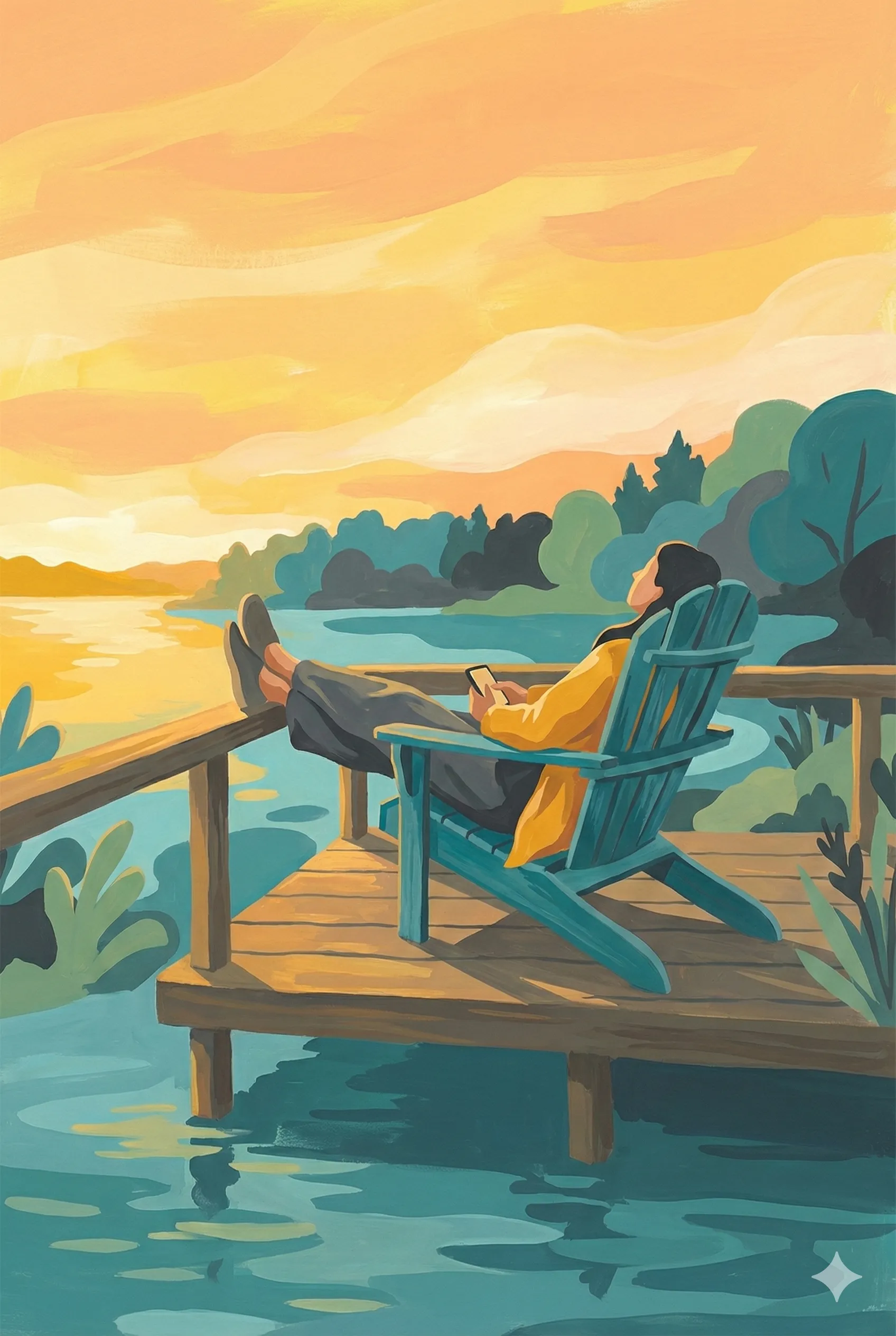 Person relaxing on a dock at sunset, phone in hand