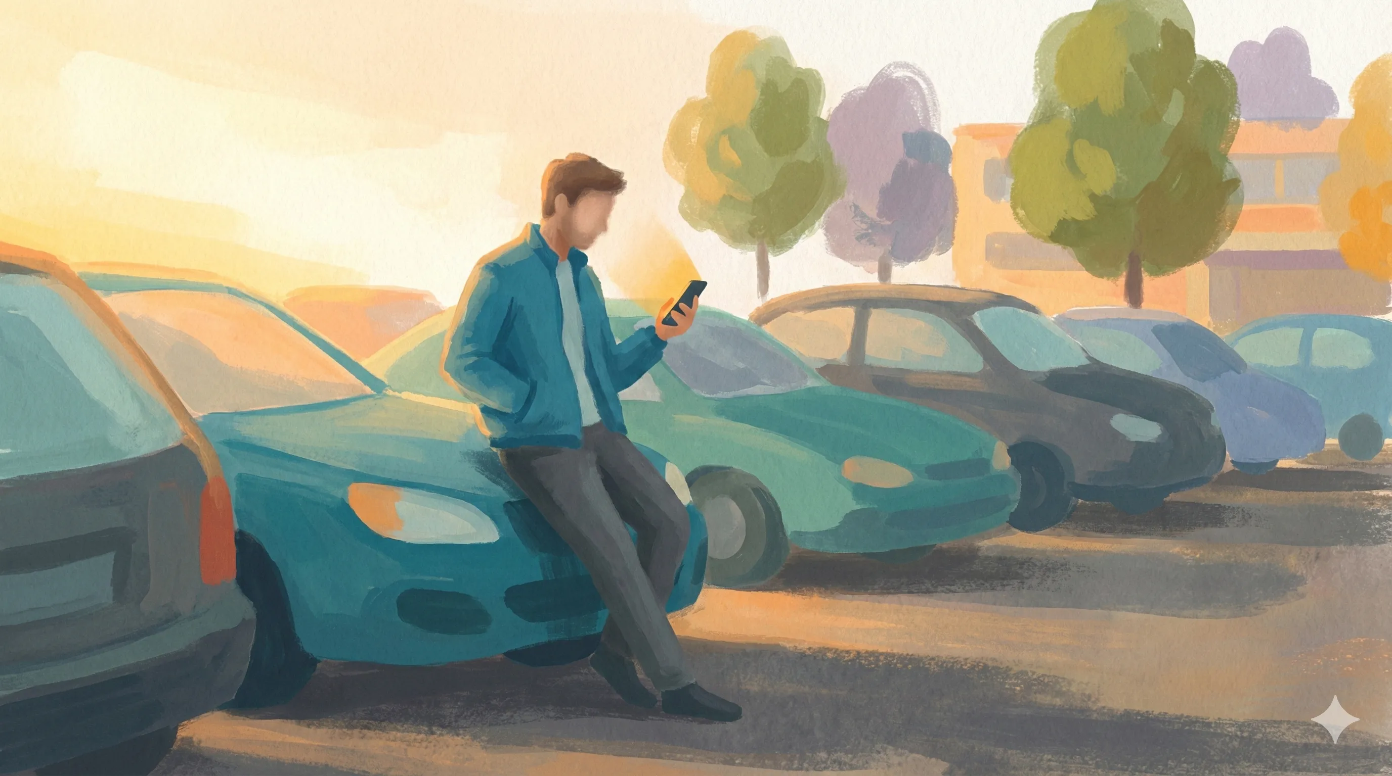 A man checking his phone while waiting in a school pickup line, afternoon light