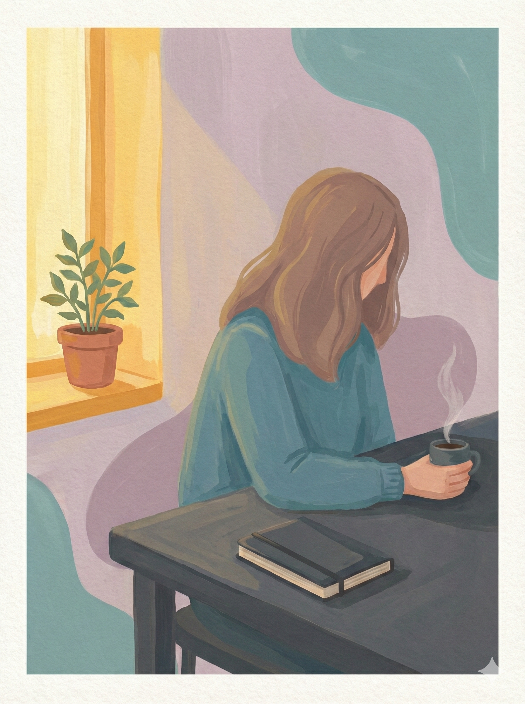 A woman sitting at a kitchen table with a closed journal, morning light through the window